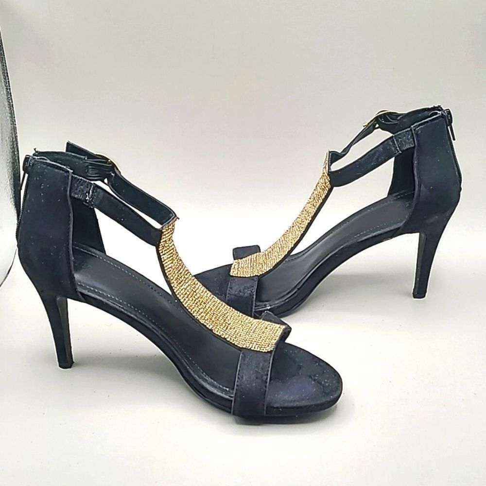 Lane Bryant Black Velvet Ankle Strap Heels with Gold Rhinestones, Size 10W